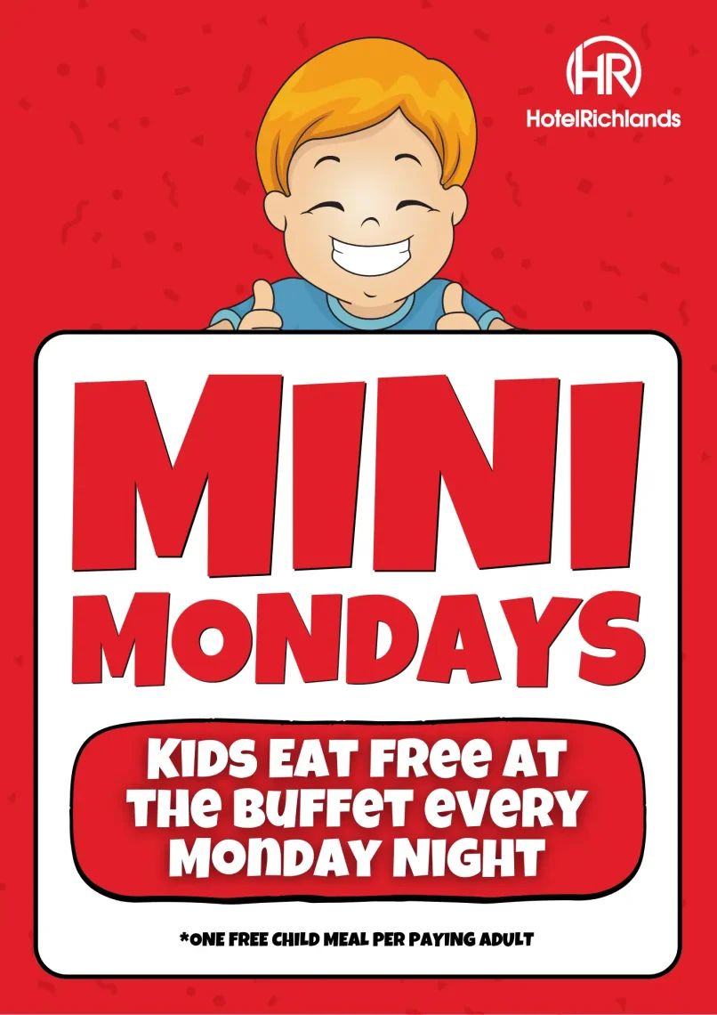 Kids Eat Free Mondays promotion at Hotel Richlands showing a smiling cartoon child above bold text promoting free kids buffet meals every Monday night.